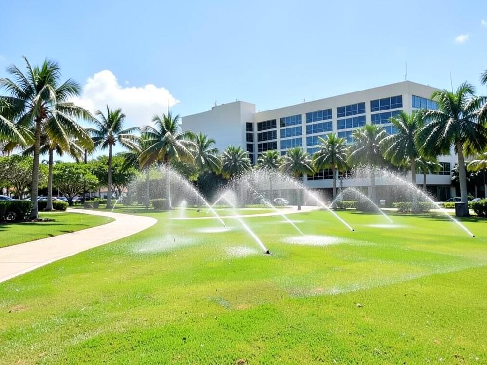 Commercial property sprinklers running