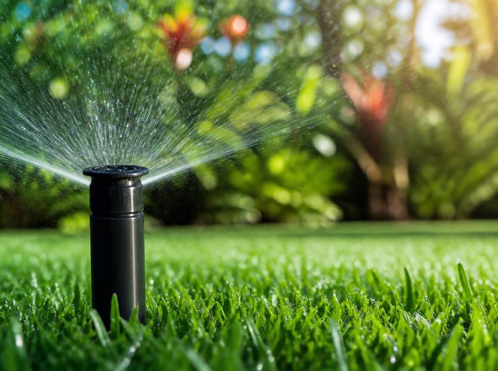 Pop-up sprinkler head spraying a fine mist over green grass
