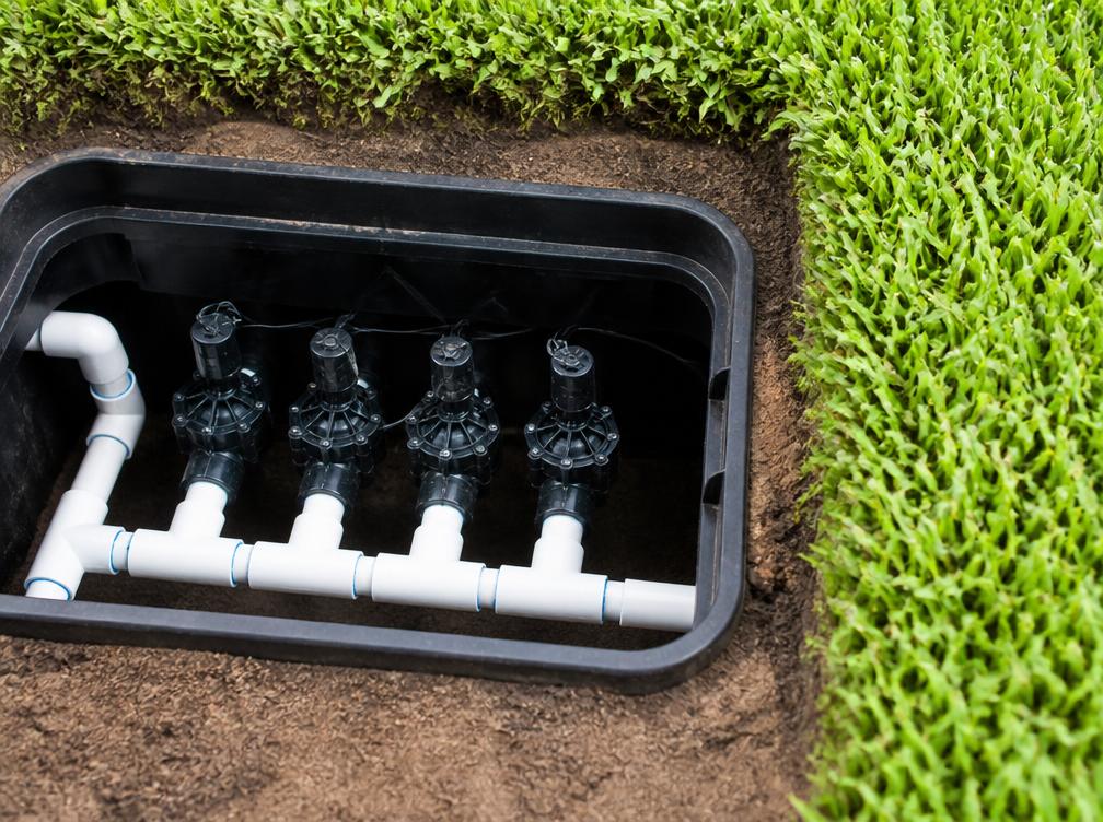 Irrigation valve manifold set in a valve box beside green sod